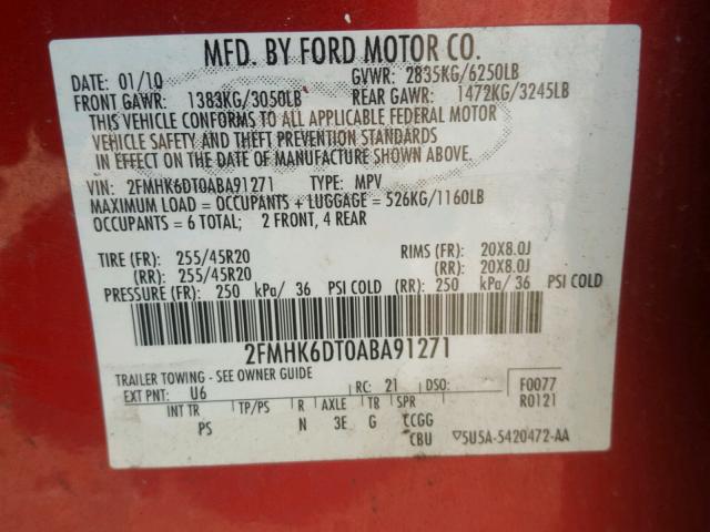 2FMHK6DT0ABA91271 - 2010 FORD FLEX LIMIT TWO TONE photo 10