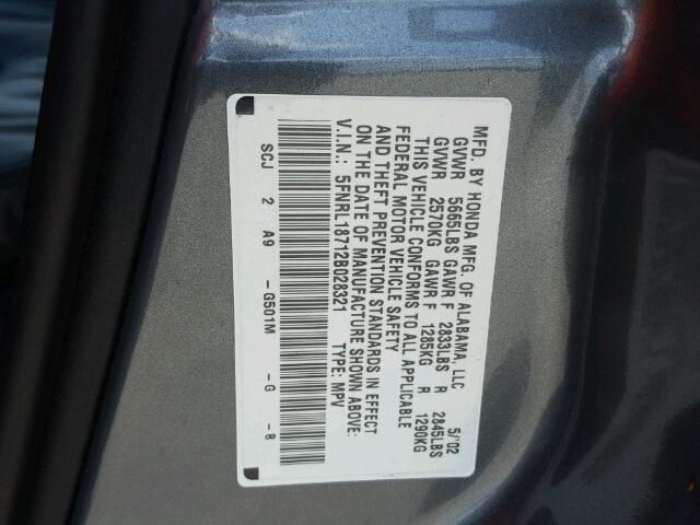 5FNRL18712B028321 - 2002 HONDA ODYSSEY EX GRAY photo 10