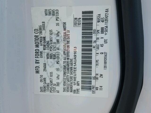 1FMEU7EE1AUA91633 - 2010 FORD EXPLORER E WHITE photo 10