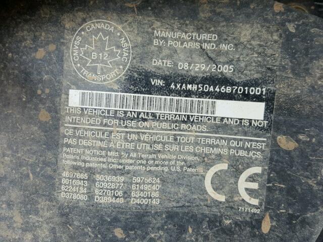 4XAMH50A46B701001 - 2006 POLARIS SPORTSMAN YELLOW photo 10