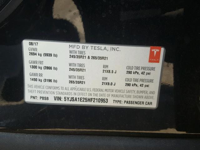 5YJSA1E25HF210953 - 2017 TESLA MODEL S BLACK photo 10