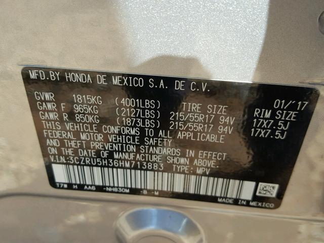 3CZRU5H36HM713883 - 2017 HONDA HR-V LX SILVER photo 10