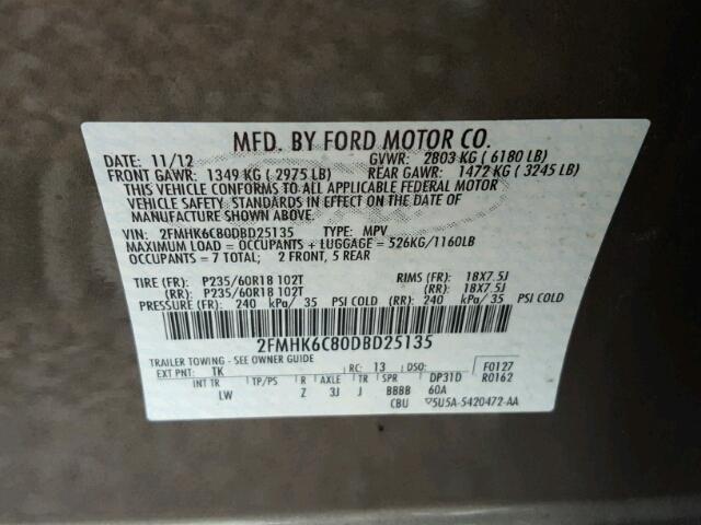 2FMHK6C80DBD25135 - 2013 FORD FLEX SEL ნაცრისფერი ფოტო 10