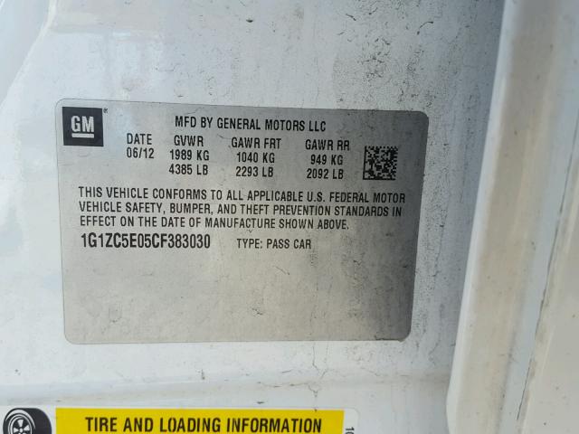 1G1ZC5E05CF383030 - 2012 CHEVROLET MALIBU 1LT WHITE photo 10