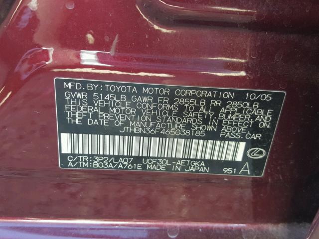 JTHBN36F465038185 - 2006 LEXUS LS 430 MAROON photo 10