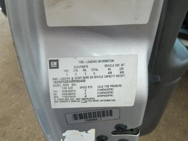 1G2NF52E34M560446 - 2004 PONTIAC GRAND AM S 银色 照片 10