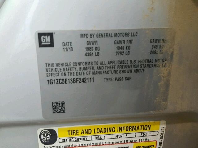 1G1ZC5E13BF242111 - 2011 CHEVROLET MALIBU 1LT 银色 照片 10