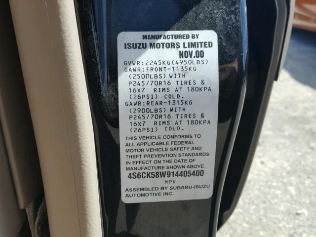 4S6CK58W914405400 - 2001 HONDA PASSPORT E BLACK photo 10