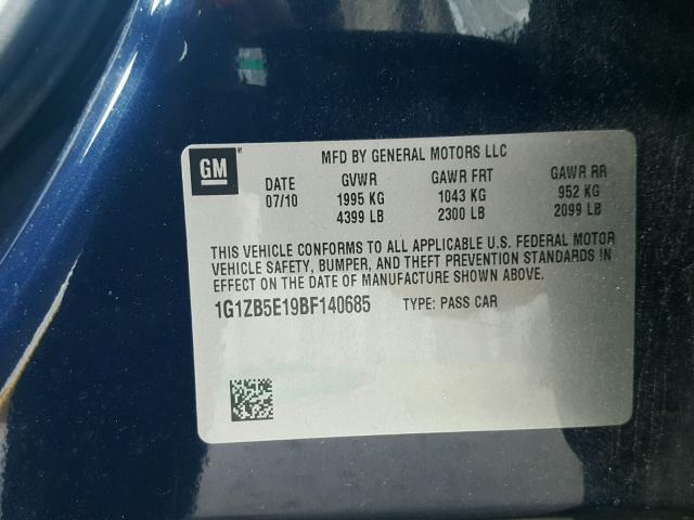 1G1ZB5E19BF140685 - 2011 CHEVROLET MALIBU LS BLUE photo 10