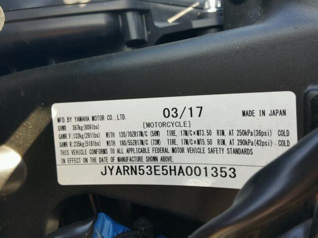 JYARN53E5HA001353 - 2017 YAMAHA FZ09 GRAY photo 10