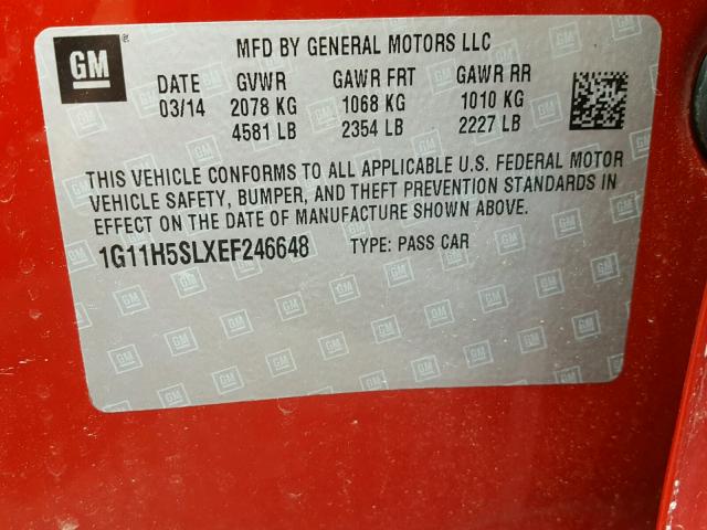 1G11H5SLXEF246648 - 2014 CHEVROLET MALIBU LTZ 红色 照片 10