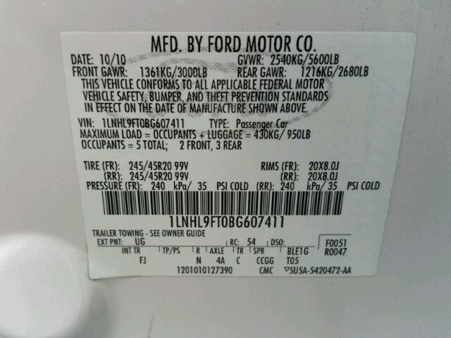 1LNHL9FT0BG607411 - 2011 LINCOLN MKS WHITE photo 10