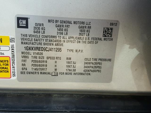 1GKKVRED9CJ411295 - 2012 GMC ACADIA SLT 银色 照片 10