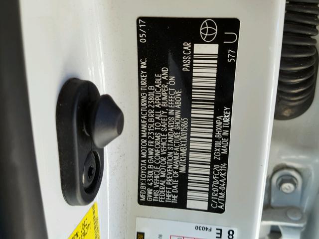 NMTKHMBX1JR015865 - 2018 TOYOTA C-HR XLE WHITE photo 10