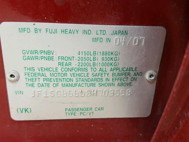 JF1SG66668H703558 - 2008 SUBARU FORESTER S 红色 照片 10