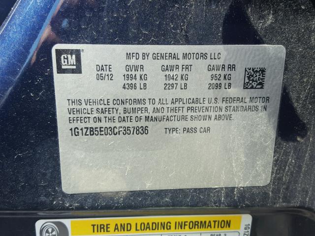 1G1ZB5E03CF357836 - 2012 CHEVROLET MALIBU LS ლურჯი ფოტო 10