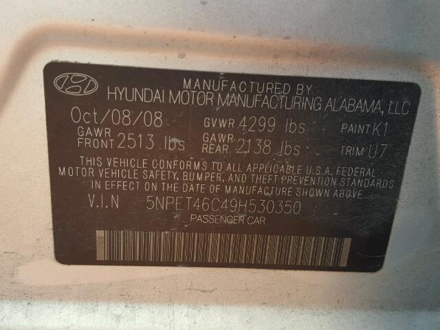 5NPET46C49H530350 - 2009 HYUNDAI SONATA GLS SILVER photo 10