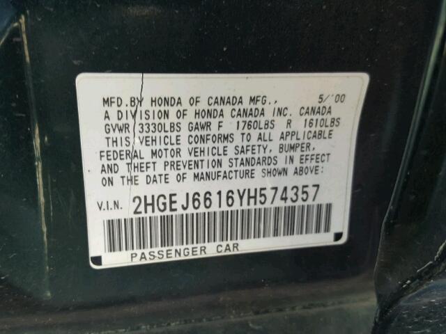 2HGEJ6616YH574357 - 2000 HONDA CIVIC BASE Yaşıl foto 10