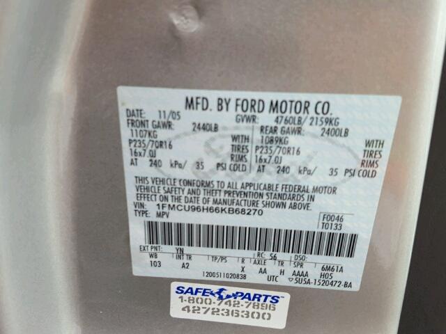 1FMCU96H66KB68270 - 2006 FORD ESCAPE SILVER photo 10