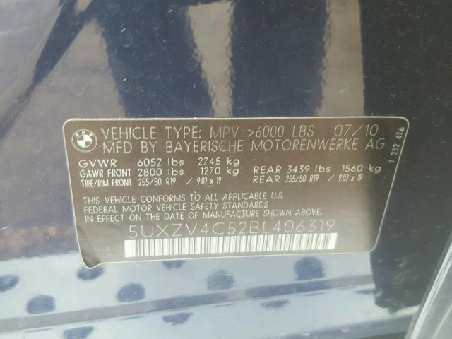 5UXZV4C52BL406319 - 2011 BMW X5 XDRIVE3 BLUE photo 10