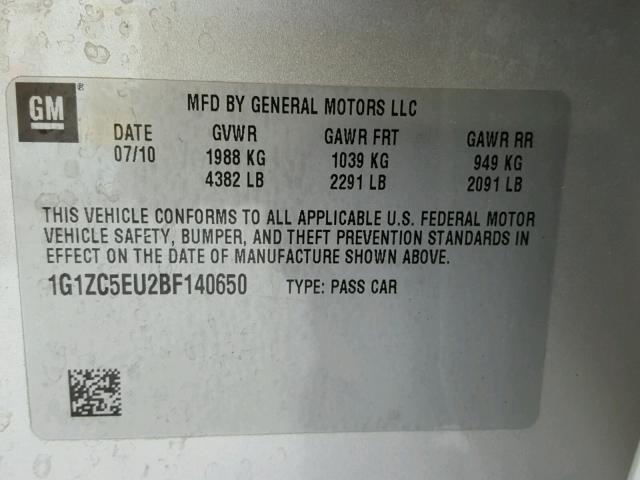 1G1ZC5EU2BF140650 - 2011 CHEVROLET MALIBU 1LT 银色 照片 10