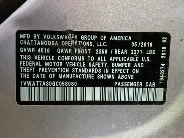 1VWAT7A30GC058080 - 2016 VOLKSWAGEN PASSAT SILVER photo 10