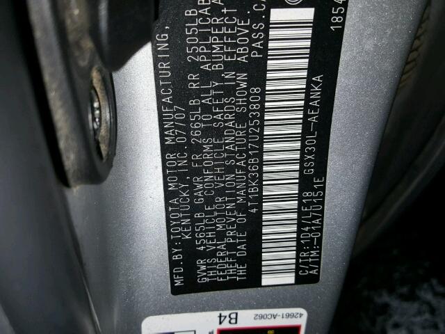 4T1BK36B17U253808 - 2007 TOYOTA AVALON SILVER photo 10