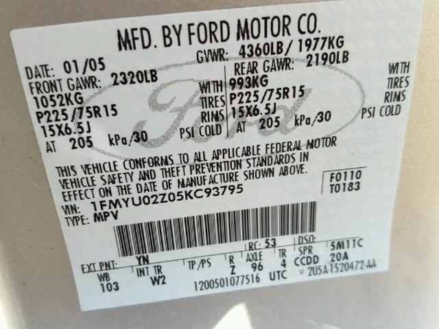 1FMYU02Z05KC93795 - 2005 FORD ESCAPE SILVER photo 10