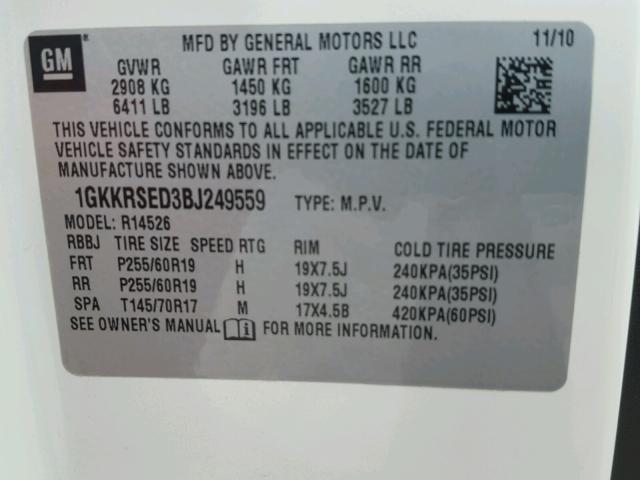 1GKKRSED3BJ249559 - 2011 GMC ACADIA SLT თეთრი ფოტო 10