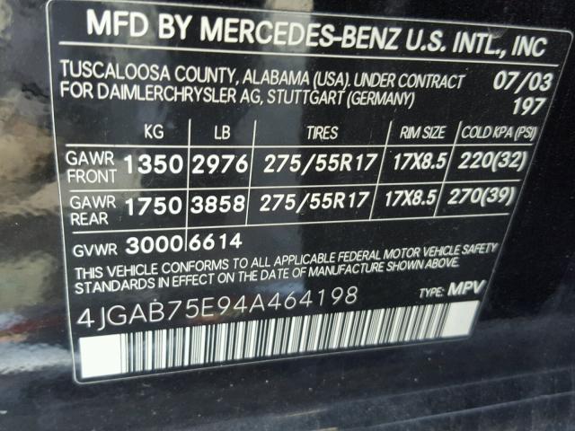 4JGAB75E94A464198 - 2004 MERCEDES-BENZ ML500 BLACK photo 10