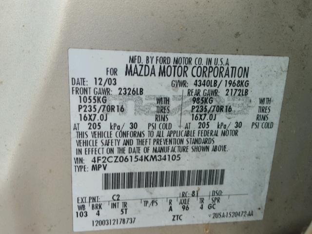 4F2CZ06154KM34105 - 2004 MAZDA TRIBUTE ES SILVER photo 10