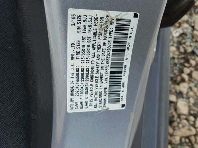 SHSRD78835U328805 - 2005 HONDA CR-V EX ვერცხლისფერი ფოტო 10