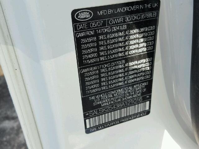 SALSK25438A121016 - 2008 LAND ROVER RANGE ROVE WHITE photo 10