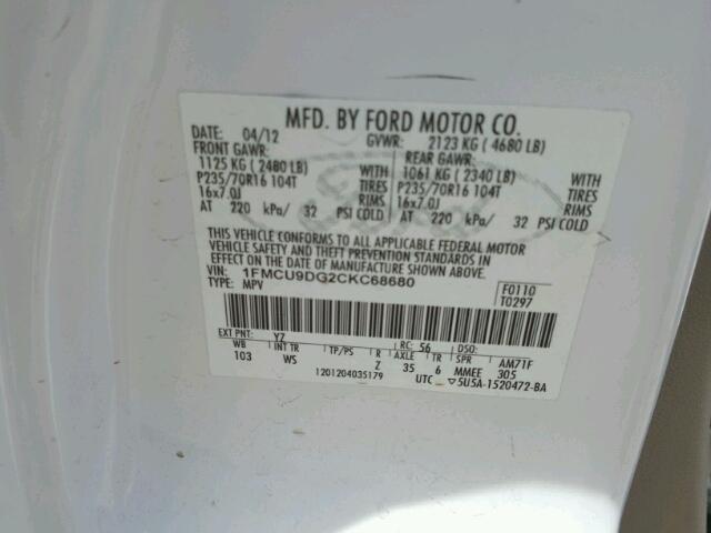 1FMCU9DG2CKC68680 - 2012 FORD ESCAPE XLT WHITE photo 10