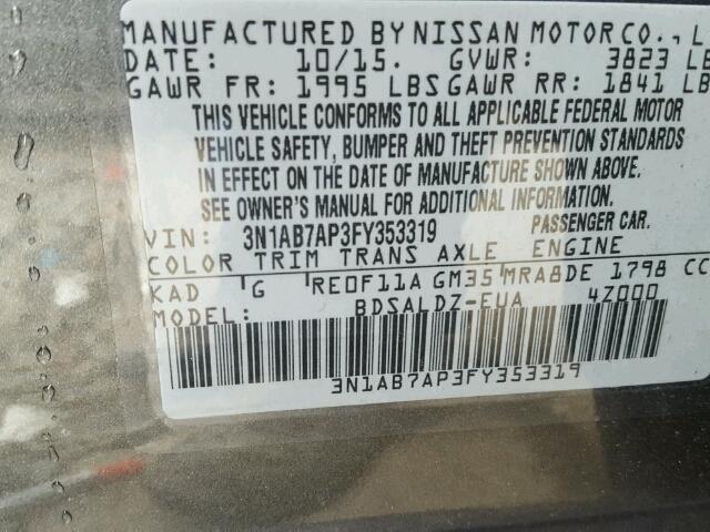 3N1AB7AP3FY353319 - 2015 NISSAN SENTRA S GRAY photo 10