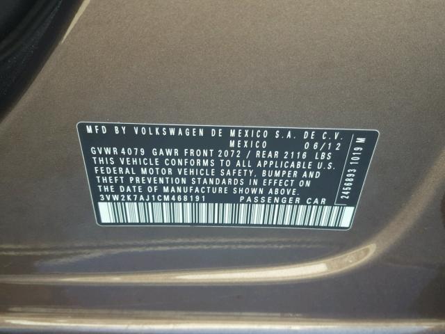 3VW2K7AJ1CM468191 - 2012 VOLKSWAGEN JETTA BASE 棕色 照片 10