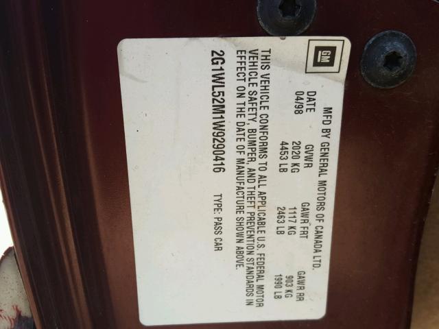 2G1WL52M1W9290416 - 1998 CHEVROLET LUMINA BAS წითელი ფოტო 10