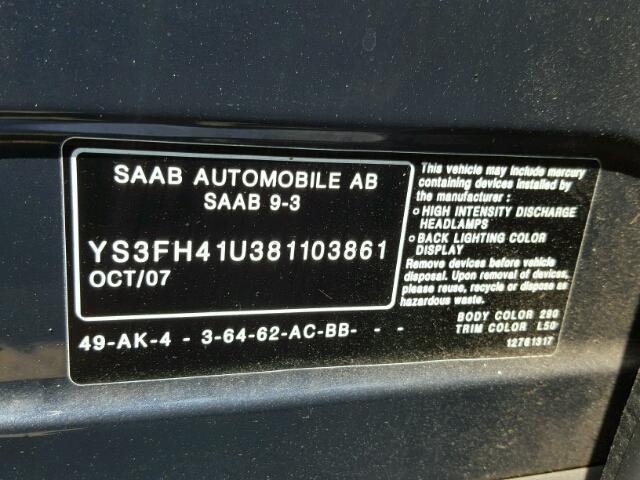 YS3FH41U381103861 - 2008 SAAB 9-3 AERO BLACK photo 10