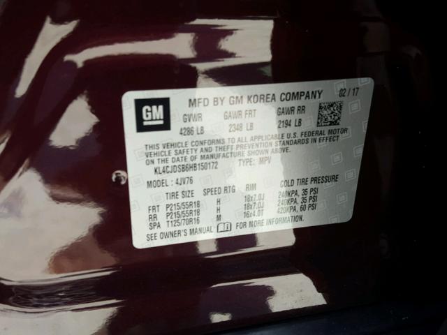 KL4CJDSB6HB150172 - 2017 BUICK ENCORE PRE MAROON photo 10