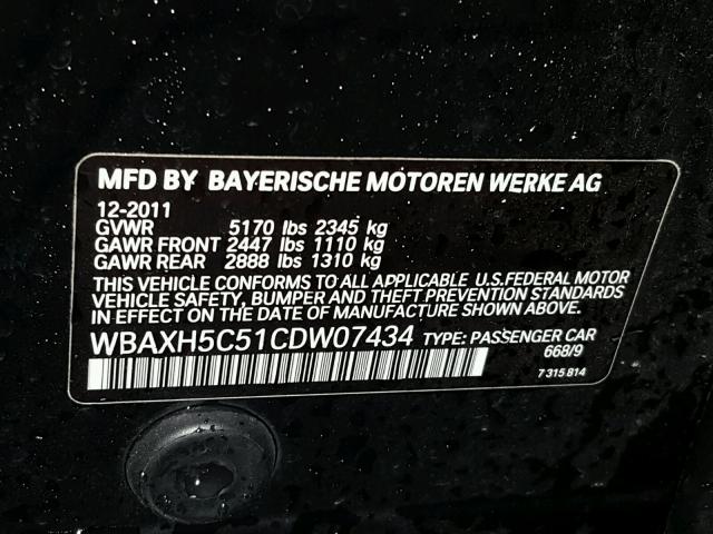 WBAXH5C51CDW07434 - 2012 BMW 528 XI BLACK photo 10