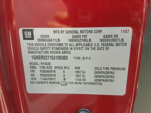 1GKER23718J195083 - 2008 GMC ACADIA SLT წითელი ფოტო 10