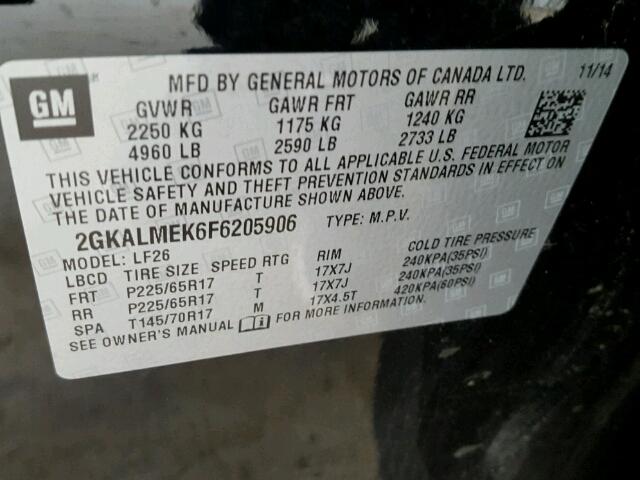 2GKALMEK6F6205906 - 2015 GMC TERRAIN SL BLACK photo 10