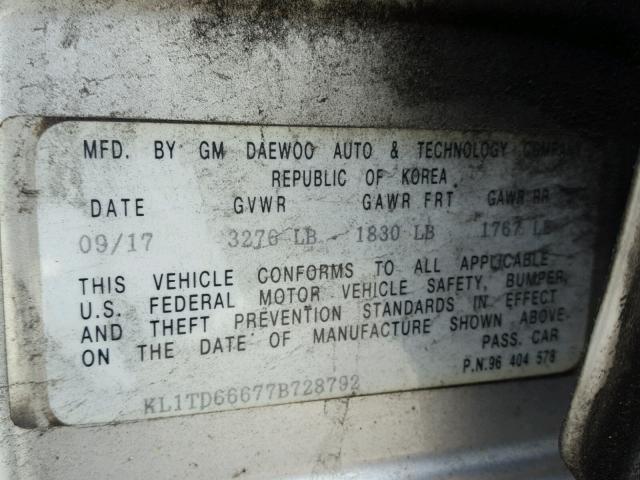 KL1TD66677B728792 - 2007 CHEVROLET AVEO BASE Күміс фото 10