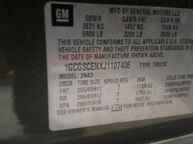 1GCGSCENXJ1107406 - 2018 CHEVROLET COLORADO L CHARCOAL photo 10