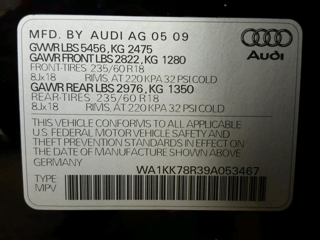 WA1KK78R39A053467 - 2009 AUDI Q5 3.2 BLACK photo 10