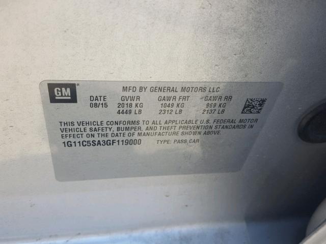 1G11C5SA3GF119000 - 2016 CHEVROLET MALIBU LIM SILVER photo 10