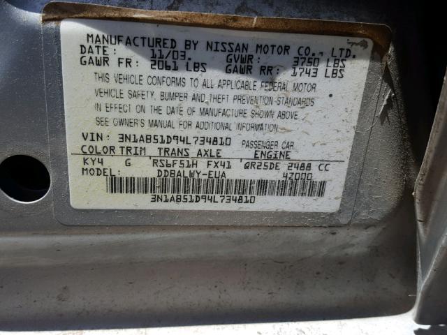 3N1AB51D94L734810 - 2004 NISSAN SENTRA SE- SILVER photo 10