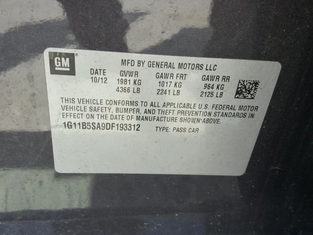 1G11B5SA9DF193312 - 2013 CHEVROLET MALIBU LS ნაცრისფერი ფოტო 10