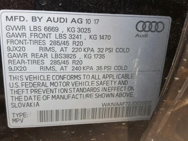 WA1VAAF72JD020512 - 2018 AUDI Q7 PRESTIG BLACK photo 10