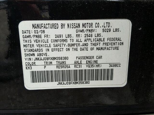 JNKAJ09FX8M358380 - 2008 INFINITI EX35 BASE BLACK photo 10